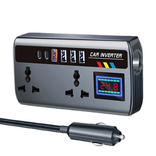 Car Power Inverter 12V/24V to 220V – Portable Automotive Charger with 9 Ports (3 USB QC3.0 + 2 Type-C PD + AC Outlet)