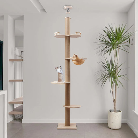4-Tier Cat Tree Tower – Floor-to-Ceiling Adjustable Climbing Furniture with Sisal Rope Scratching Posts for Indoor Cats & Kittens