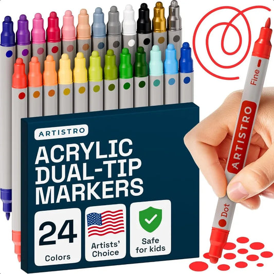 Artistro 24 Dual-Tip Acrylic Paint Markers – Permanent Paint Pens for Fabric, Rock, Glass, Wood, Ceramic, Canvas & DIY Projects