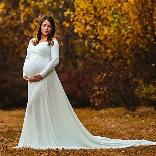 Women’s Off-Shoulder Maternity Photography Dress – Long Sleeve Solid Gown with Lace Detailing, Elegant Pregnancy Outfit