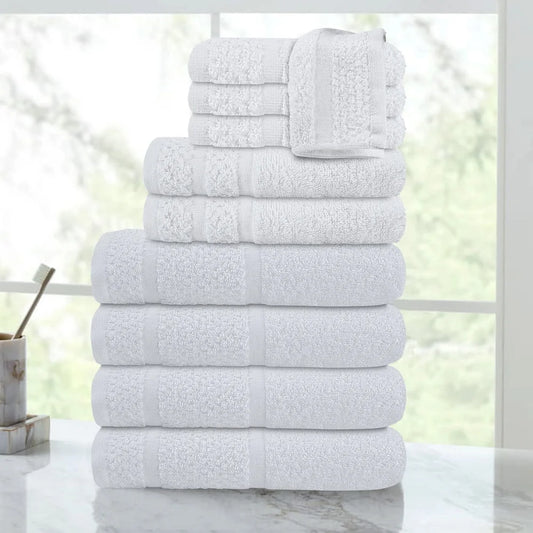 10-Piece Cotton Towel Set – Soft, Absorbent & Quick-Dry Popcorn-Textured Border Towels for Bath & Hand