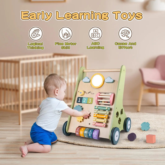“Wooden Baby Walker with Wheels – Montessori Push Toy for 6–12 Months Toddlers, Activity Center Baby Walking Toy for 1-Year-Olds”