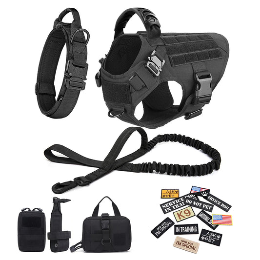 Military Tactical Large Dog Harness Set – Training Vest with Collar, Leash, Bags & Patches for Malinois & Large Breeds