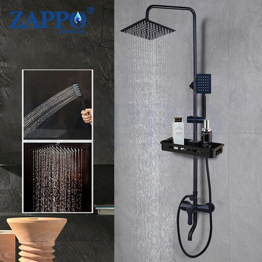 Zappo Matte Black 3-Way Wall-Mounted Rainfall Shower System – Shelf & Bathtub Mixer Included