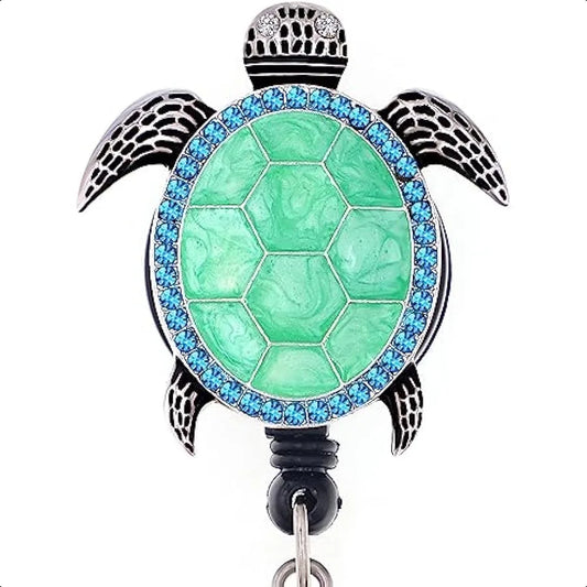 🐢 Aquamarine Enamel Sea Turtle Badge Reel – Retractable ID Card Holder Clip for Nurses, Teachers & Office Staff