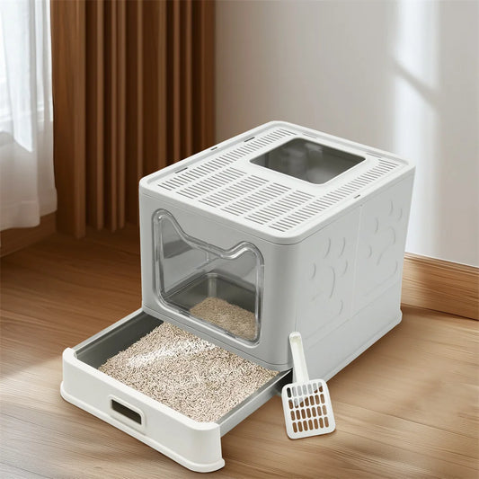 Enclosed Stainless Steel Cat Litter Box with Lid – Large Covered Top-Entry Pan, High-Sided Easy-Clean Design