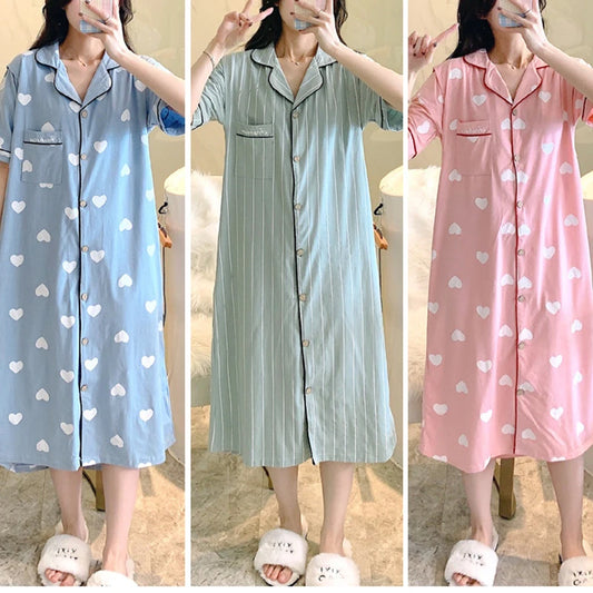 Women’s Cotton Maternity Pajama Dress – Short Sleeve Striped Nursing Sleepwear, Breastfeeding Loungewear Gown