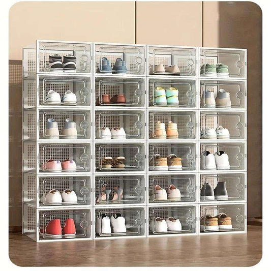 12 Pc / 24 Pc Large Capacity Modular Space-Saving Shoe Box, Transparent Plastic Stackable with Lid, Sneaker Display Box, B - PulinGO