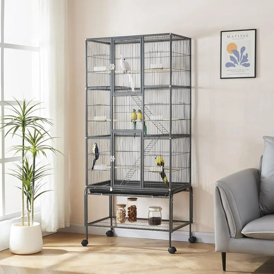 Large Bird Cage with Rolling Stand – Wide Flight Metal Parrot Cage for Budgies, Parakeets & Conures, Secure Animal Habitat