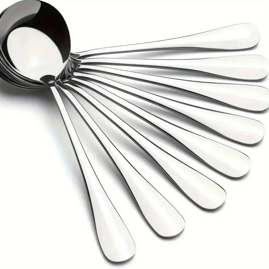 Heavy-Weight Round Stainless Steel Soup Spoons – Set of 8 Bouillon Spoons, DishwasherSafe
