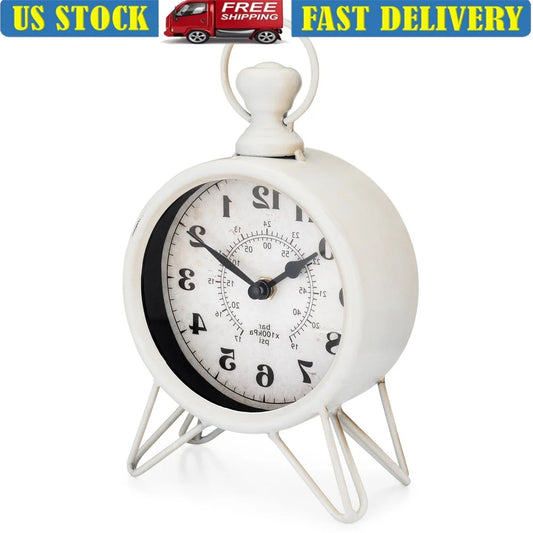 Vintage White Metal Table Clock – Elegant Classic Design | Analog Battery-Operated Decorative Desk Clock for Home & Office
