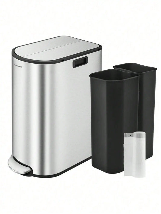 SONGMICS 13-Gallon Dual Kitchen Trash Can – 5.3 & 8 Gallon Compartments, Stainless Steel Wing Lids