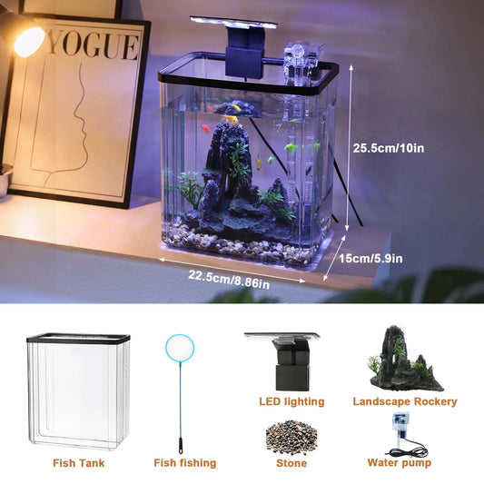 Mini Fish Tank Starter Kit – Ultra White Desktop Aquarium with Filter & Oxygen Generator, Home Decoration & Landscaping