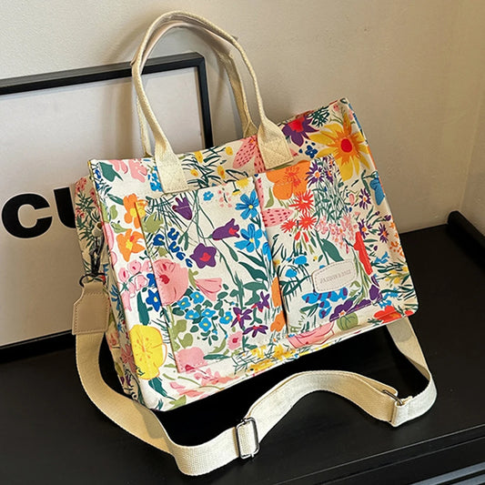 Women’s Polka Dot & Floral Tote Bag – Large-Capacity Stylish Shoulder & Crossbody Bag with Adjustable Strap & Multi-Pockets for Travel