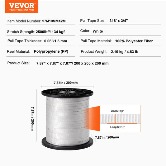 Vevor Polyester Mule Tape – Flat Pulling Webbing, 6000 lbf, 528 ft for Conduit, Packaging & Gardening