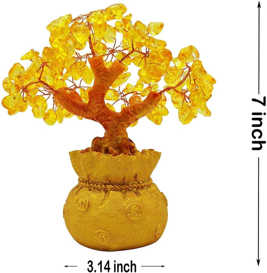 Crystal Money-Bag Tree Figurine – Yellow “Lucky Wealth” Lemon Quartz Feng-Shui Ornament for Home Décor