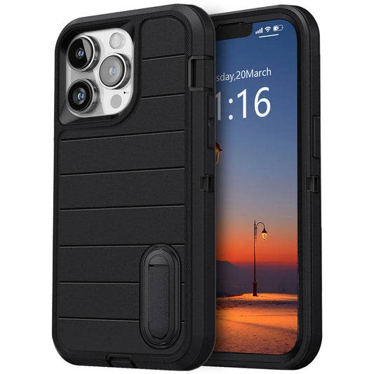 iPhone 13 Series Heavy Duty Case – 3-Layer Shockproof Kickstand Cover for 13, 13 Pro & 13 Pro Max