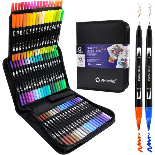 72 Colors Dual Tip Markers – No Bleeding Fine & Brush Tip Pens for Adult Coloring Books, School & Art Projects