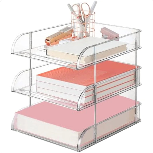 3-Tier Stackable File & Paper Tray Desk Organizer – Clear Desktop Document Sorter