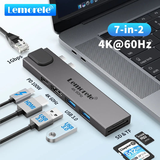 Lemorele TC47 7-in-2 USB-C Hub – Thunderbolt 3, 4K@60Hz HDMI, 100 W PD & Gigabit Ethernet Docking Station
