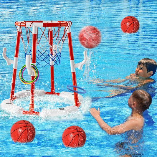 Summer Pool Basketball Hoop Toys – Floating Basketball Game with 4 Balls for Outdoor & Indoor Water Play