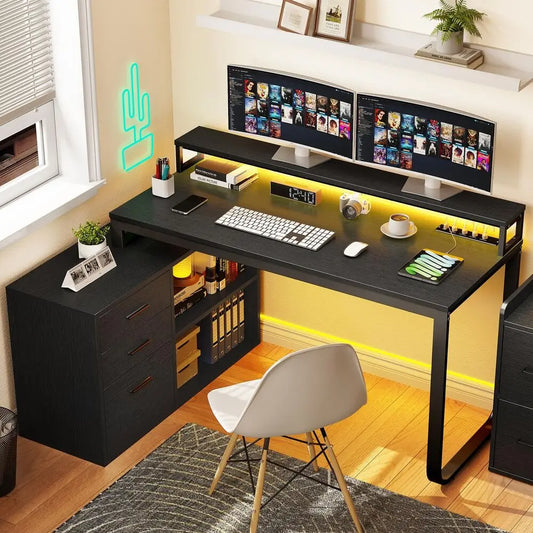 L-Shaped Gaming Computer Desk – Home Office Corner Desk with File Drawers for Storage & Organization
