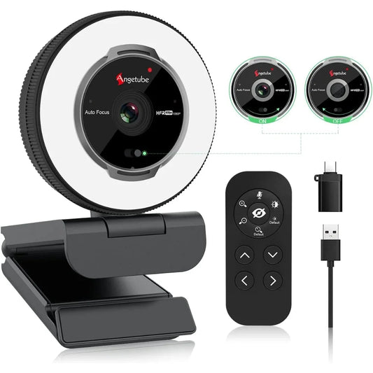 Streaming Webcam with Microphone – 1080p 60FPS USB HD Web Camera with Ring Light & Remote Control for Video Calls & Gaming