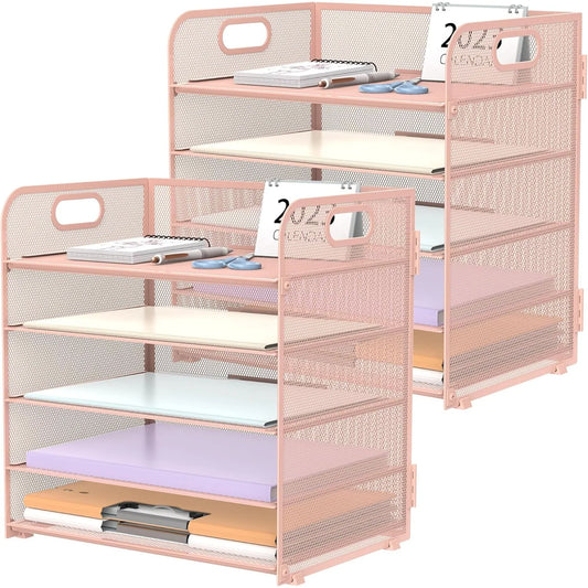 2-Pack Pink 5-Tier Mesh Desk Organizer with Handle – Letter-Tray Set