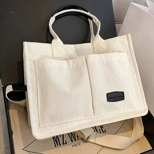 Women’s Multi-Pocket Corduroy Tote Bag – Casual Solid Color Handbag with Top Handle & Adjustable Strap for Work & Daily Use