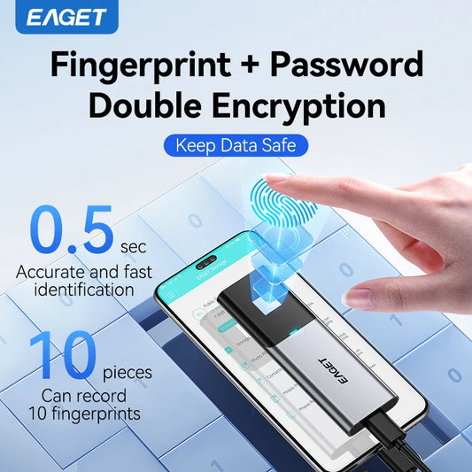 EAGET Fingerprint Encrypted Portable SSD 1TB/2TB – USB 3.2 Type-C Solid State Drive for PS5, PS4, Laptop & MacBook