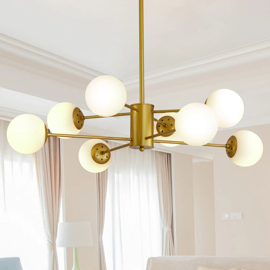 Modern 8-Light Gold Chandelier – Elegant Ceiling Light with White Glass Globe Shades (No Bulbs Included)
