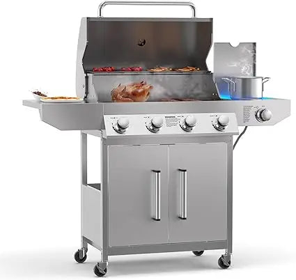 “4-Burner Propane Gas Grill with Side Burner – Stainless Steel BBQ with Thermometer & Enameled Cast Iron Grates”