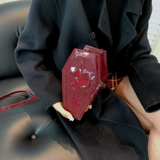 Women’s Coffin Satchel Cartoon Gothic Crossbody Bag – Rose Print Y2K Cellphone Pouch