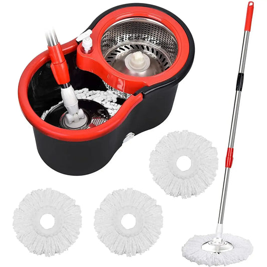 “360° Spin Mop & Bucket Set with Stainless Steel Wring System – Includes 3 Microfiber Heads