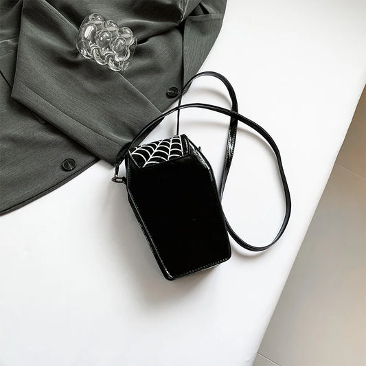 Women’s Gothic Coffin Shoulder Bag – Spider Web PU Leather Crossbody with Adjustable Strap for Halloween & Cosplay