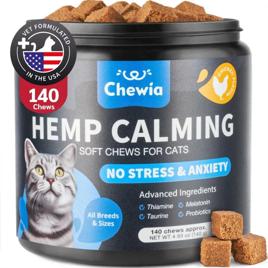 Cat Calming Treats – Hemp & Melatonin Soft Chews with Hemp Seed Oil & Probiotics for Anxiety & Stress Relief