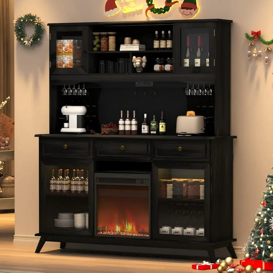 4" Wine Bar Cabinet with Fireplace – LED Lights, Power Outlets & Sliding Doors, Kitchen Pantry Storage