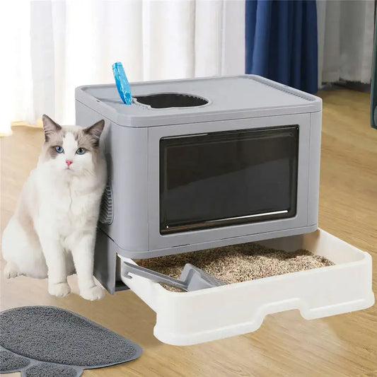 Foldable Cat Litter Box – Enclosed Kitty Toilet with Front Entry, Top Exit, Scoop & Massager, Portable Foldable Cat Toilet for Indoor Cats