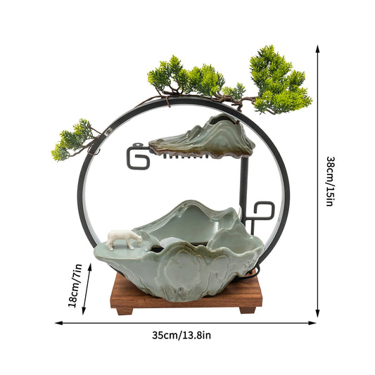 Backflow Incense Holder with Water Fountain & LED Light – Rockery Design with Horse & Plants for Relaxation 🪷💡