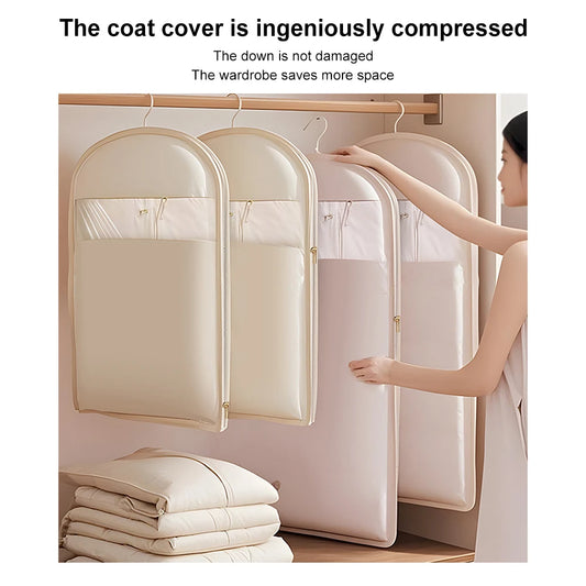 Space-saving hanging garment bag – self-compression coat cover with zipper & transparent design for dust protection