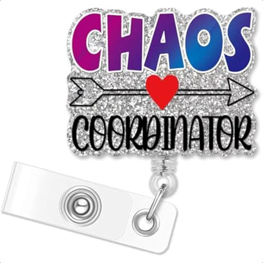 ✨ Funny “Chaos Coordinator” Badge Reel – Silver Glitter Retractable ID Holder with Clip for Nurses, Doctors & Office Staff