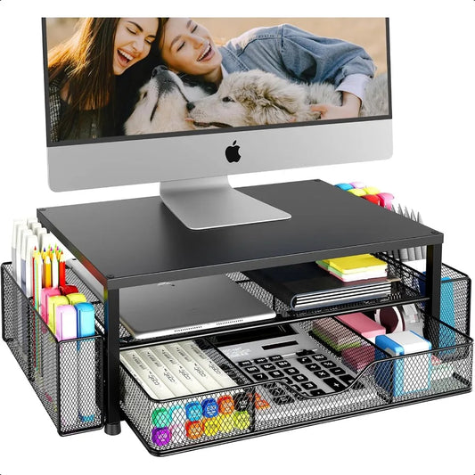 2-Tier Computer Monitor Stand & Desk Organizer with Drawer and 2 Pen Holders
