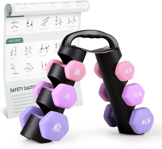 18LB Neoprene-Coated Hex Dumbbell Set (6 PCS + Stand) – Anti-Slip, Anti-Roll Strength Training Weights in Lilac Fantasy