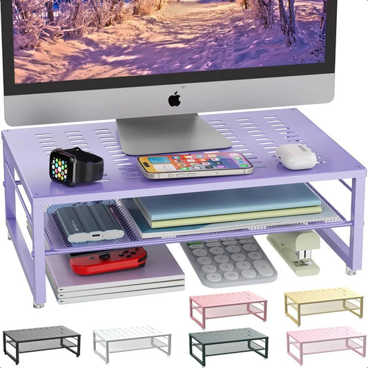 2‑Tier Metal Monitor Stand Riser & Desk Organizer – Purple