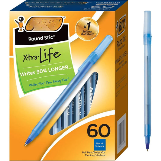 60-Pack Round Stic Xtra Life Ballpoint Pens – 1.0 mm Blue Ink Smooth Writing