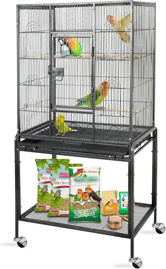 Standing Wrought Iron Birdcage – Large Parrot Flight Cage with Rolling Stand for Cockatiels, African Greys & Medium Birds