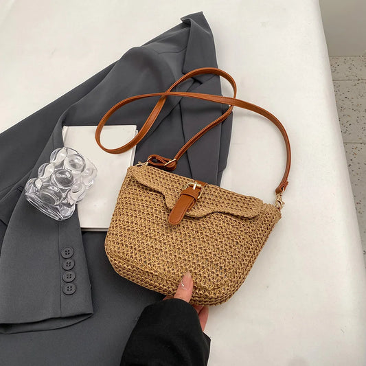 Women’s Summer Straw Tote Bag – Handmade Woven Paper Rope Crossbody with Adjustable Straps, Fashion Mobile Phone Bag