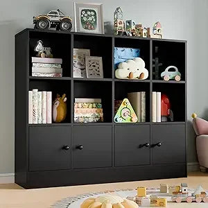 🪵 Black Wood 12-Cube Bookshelf with 4 Doors – 3-Tier Storage Cabinet with Adjustable Shelves for Bedroom & Living Room