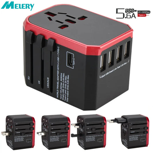 Melery International Travel Smart Adapter – Universal Plug with USB & Type-C Charger for US/EU/UK/AU