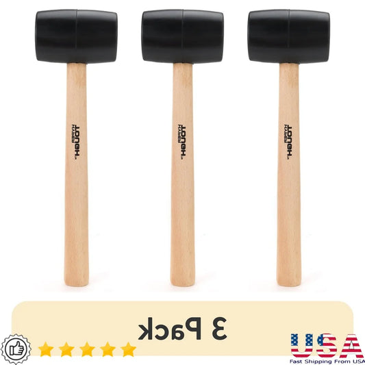 16oz Rubber Mallet with Wood Handle (3-Pack) – Ergonomic Soft Strike Hammer for Furniture Assembly, Cabinet Work & Auto Repair